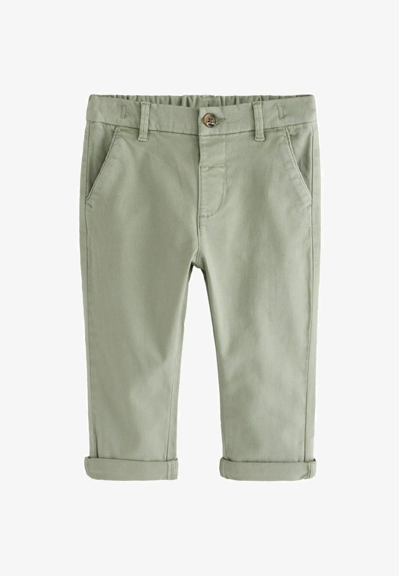 Lys grønne bomuldsbukser med en afslappet pasform, der har knaplukning, bæltestropper, forlommer og rullede cuffs.