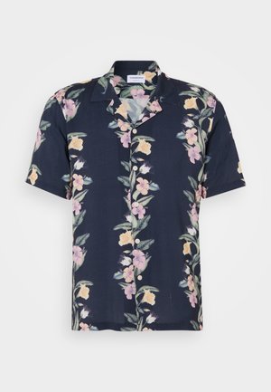 Short-sleeve shirt in dark navy fabric featuring a floral pattern with pink and yellow flowers, and a classic collar with buttons.