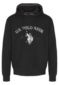 Černá mikina s kapucí vyrobená z bavlněné směsi, s provázkem na stažení, žebrovanými manžetami a předním potiskem dvou pólistů s textem.