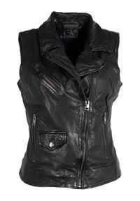 Gilet in pelle nera con colletto a scellino, numerose tasche con cerniera, superficie strutturata e dettagli in metallo argentato.