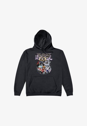 Czarna bluza z kapturem z kolorowymi postaciami i logo Yu-Gi-Oh GX nadrukowanymi na przodzie, z trzema postaciami i postacią robota.