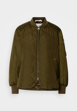 Olive green quilted bomber jacket with a zip front, ribbed cuffs, and stand-up collar. Features a side pocket with zip closure.