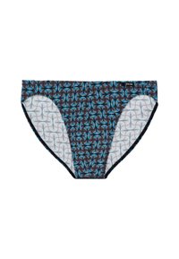 Gemusterte Bikinihose mit einem wirbelnden Design in Schwarz, Hellgrau und Blau. Weicher Stoff mit elastischem Bund und Beinausschnitten.
