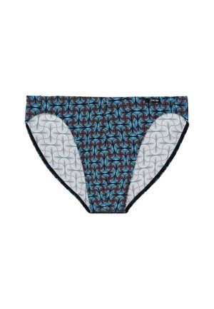 Bikini z wzorem, wyróżniająca się wirującym motywem w kolorach czarnym, jasnoszarym i niebieskim. Miękka tkanina z elastycznym pasem i otworami na nogi.