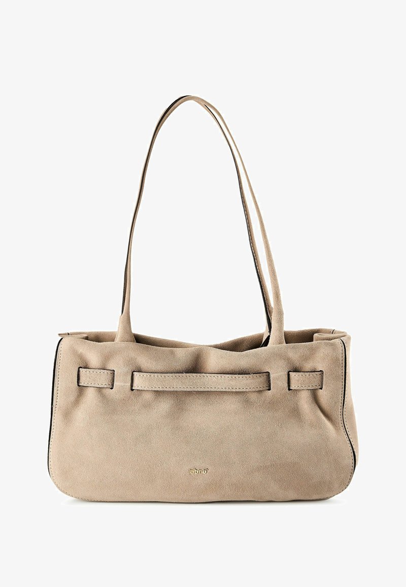 Beige Wildleder-Handtasche mit zwei Schulterriemen, mit minimalistischem Design und einem dezenten Logo auf der Vorderseite. Glatte Textur, kein sichtbares Muster.