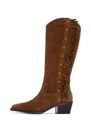 Bota alta de ante marrón hasta la rodilla con punta afilada, detalles de flecos a lo largo del costado, tachuelas doradas y un tacón apilado.