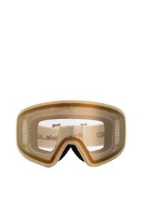 Ski brýle se zlatým rámem, tónovanými skly a béžovým nastavitelným popruhem. Mají měkké polstrování pro pohodlí a aerodynamický design.