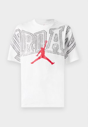 White cotton t-shirt featuring a large, black outlined "JORDAN" text and a red "Jumpman" silhouette graphic at the center.