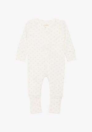 Romper met lange mouwen voor baby's in roomkleur met een klein beige fleur-de-lis patroon, drukknoopjes aan de voorkant en omslagboorden bij enkels en polsen.