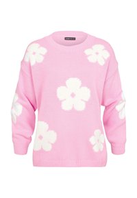 Roze gebreide trui met witte bloemmotieven, ronde hals en lange mouwen. Voorzien van ribbel manchetten en zoom voor een betere pasvorm.