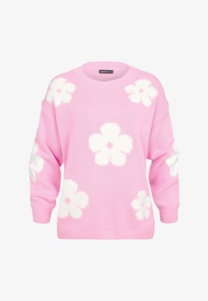 Roosa kootud sviiter valgete lillemustritega, ümmargune kaelus ja pikad varrukad. Omab soonikuid mansette ja allserva, et tagada parem sobivus.