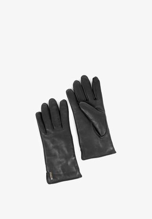 Zwarte leren handschoenen met een gladde textuur, aansluitend ontwerp, vijf vingers en een subtiel merkenlogo op de manchet.