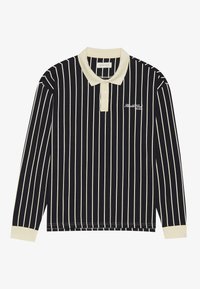 Langzaam polo shirt met verticale strepen in marineblauw en crème. Heeft een zachte crème kraag en een knoopsluiting met drie knopen. Geborduurd 'Stark'-logo.