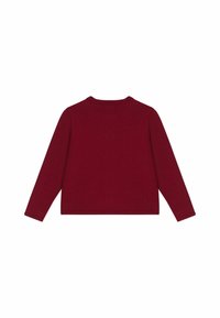 Bordeaux lange mouw top gemaakt van zachte stof, beschikt over een ronde hals, geribbelde manchetten en een rechte zoom. De achterkant toont een naadloos ontwerp.