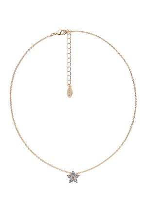 Delicata collana con catena d'oro e un piccolo ciondolo a forma di fiore che presenta sei pietre preziose trasparenti e una chiusura regolabile con catena di estensione.