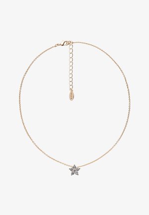 Collier délicat en chaîne d'or avec un petit pendentif en forme de fleur, orné de six pierres précieuses claires, et un fermoir ajustable avec chaîne de rallonge.