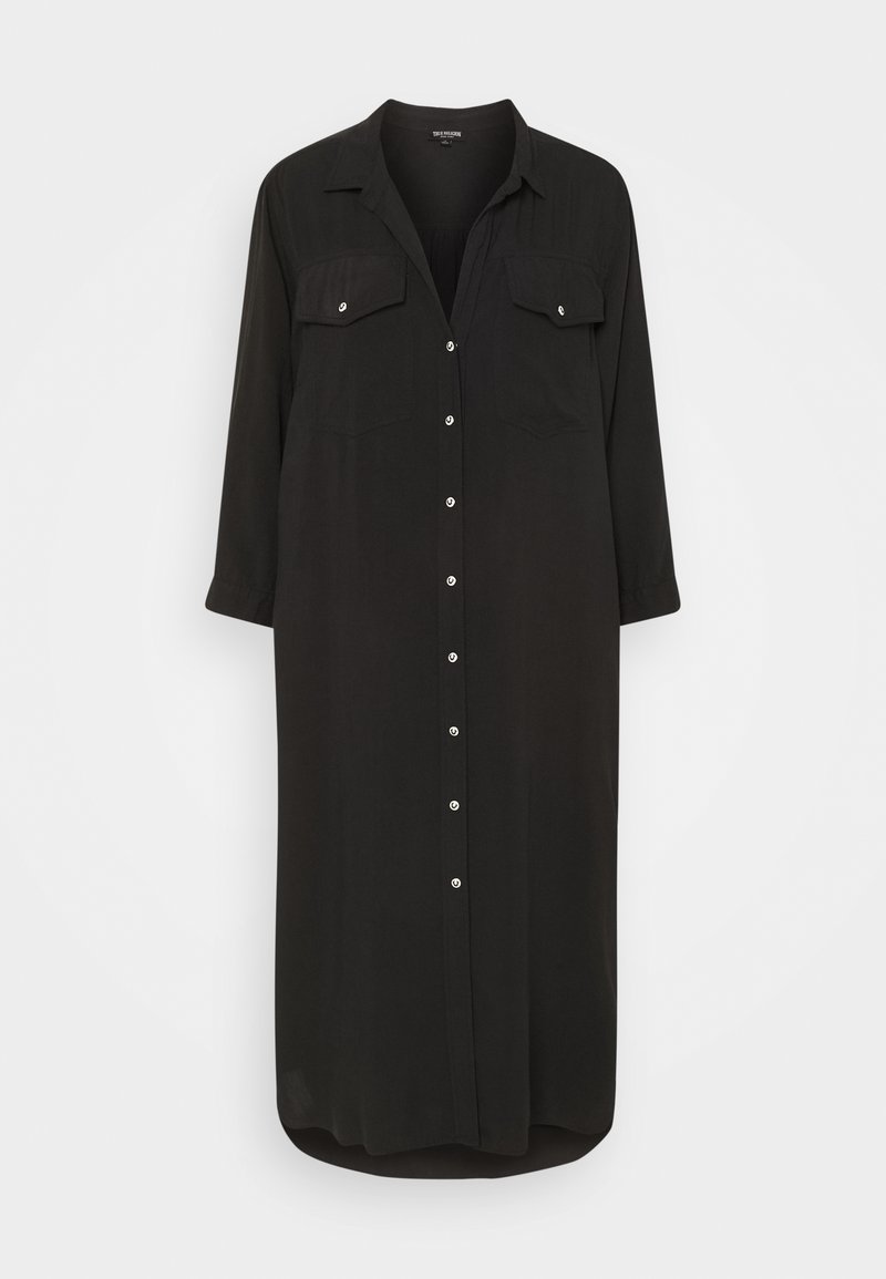 Vestido camisetado negro de manga larga fabricado en una tela suave. Presenta cierre de botones, dos bolsillos en el pecho y un dobladillo curvado.