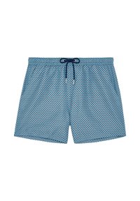 Shorts de bain bleus avec un petit motif géométrique, taille élastique et cordon de serrage bleu marine avec embouts métalliques.