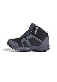 Mid-cut Wanderschuh aus schwarzem Mesh mit grauen synthetischen Akzenten. Gummisohle mit Profilnocken. Verfügt über eine Schnürung und eine Zuglasche.