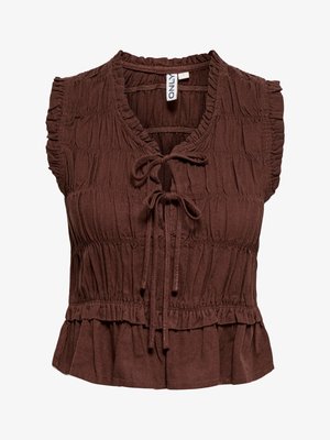 Brun ermeløs bluse med volangkanter, knytesnorer foran, smokket stofftekstur og peplumkant.