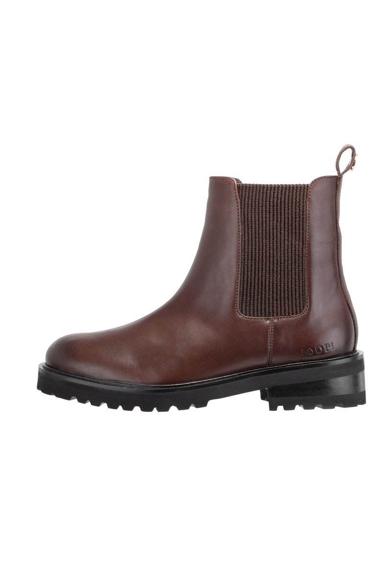 Brown leather ankle boot with elastic side panels, round toe, textured weave, and rugged sole. Features a pull tab at the back.