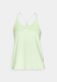 Débardeur de sport vert clair avec un col en U et des bretelles croisées réglables. Comprend un petit logo blanc sur le devant.