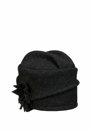 Black woolen cloche hat with a folded brim and decorative fabric flower on the side.
