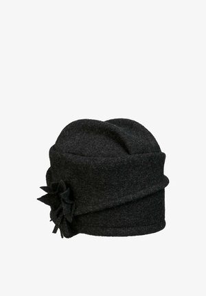 Black woolen cloche hat with a folded brim and decorative fabric flower on the side.