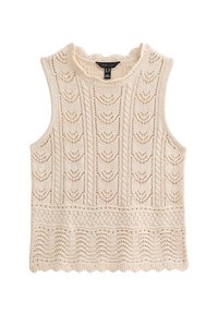 Beige knitted sleeveless top with a textured pattern featuring arches and waves, rounded neckline, and scalloped hem detailing.