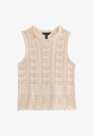 Beige knitted sleeveless top with a textured pattern featuring arches and waves, rounded neckline, and scalloped hem detailing.