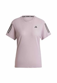 Ljusrosa Adidas-t-shirt med korta ärmar, rund halsringning och grå tre randiga detaljer på varje axel. Tillverkad av andningsbar tyg.
