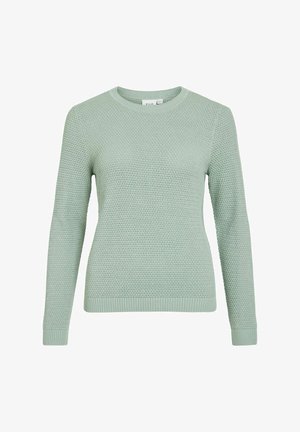 Pulover verde deschis cu mâneci lungi, guler rotund, tricotat, cu model texturat și manșete și tiv striate.