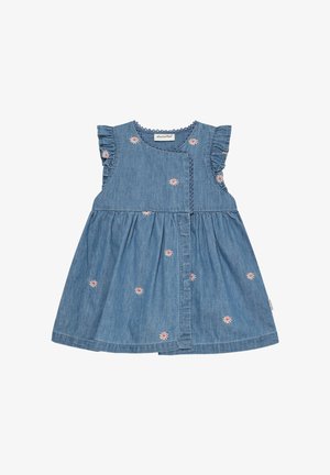 Jeanskleid mit gerafften Ärmeln, rosa Blumenstickerei und Knopfleiste vorne. Klassische A-Linien-Form, hellblaue Farbe.