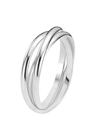 Sterling silver ring featuring three intertwined bands, polished finish, smooth texture, and a rounded design.