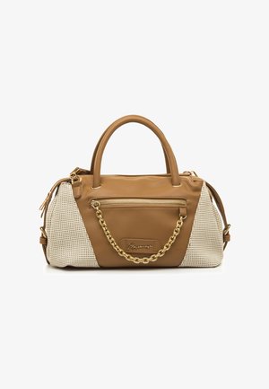 Borsa a mano in pelle marrone con lato in rete beige testurizzata, dettaglio a catena dorata, tasca anteriore con cerniera e doppi manici. Design compatto e strutturato.