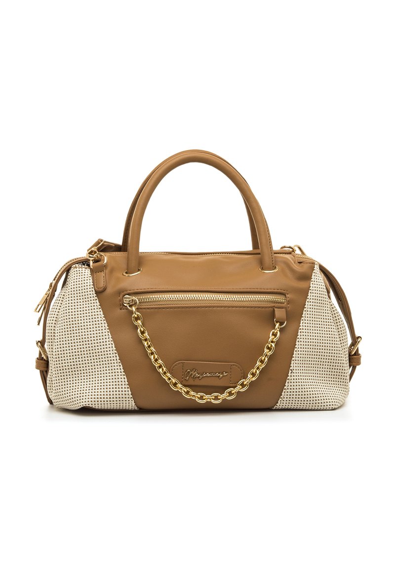 Borsa a mano in pelle marrone con lato in rete beige testurizzata, dettaglio a catena dorata, tasca anteriore con cerniera e doppi manici. Design compatto e strutturato.