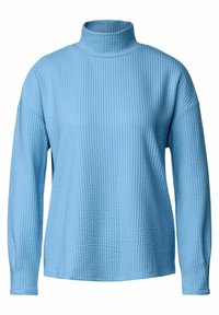 Maglione a dolcevita blu chiaro realizzato in tessuto testurizzato con design a costine, caratterizzato da maniche lunghe e una vestibilità morbida.