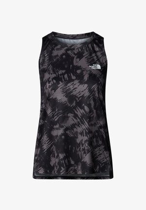 Canotta atletica senza maniche nera con un motivo astratto testurizzato. Realizzata in tessuto leggero, presenta un colletto tondo e un logo decorativo.