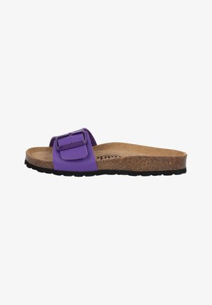 Purple slide sandal with a wide strap and a square buckle. Cork footbed and textured black rubber sole. Flat design.