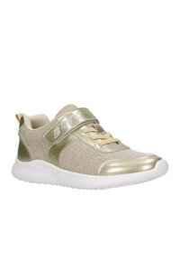 Buty sportowe z złotym i beżowym brokatowym wzorem, z metalicznym złotym akcentem, elastycznym sznurkiem oraz regulowanym paskiem na białej podeszwie.