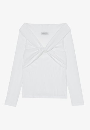 Top branco de manga longa com nervuras e design frontal torcido, apresentando uma gola larga e bordas sem costura. Etiqueta da marca: Anna Field.