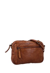 Brown leather crossbody bag with a zippered front pocket, soft texture, rectangular shape, adjustable strap, and prominent stitching detail.