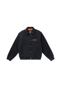 Black jacket featuring a snap-button closure, orange interior lining, side pockets, and embroidered branding on the chest in orange.