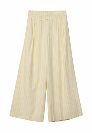 Cream wide-leg pants with subtle vertical pinstripes and a double-button waistband closure.