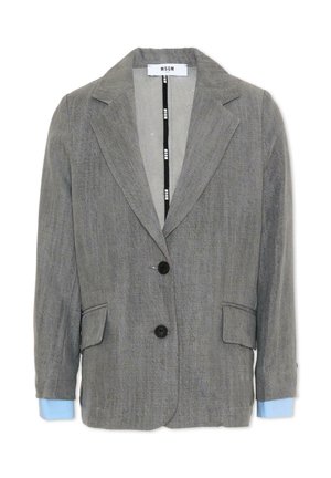 Szary dwuguzikowy marynarka z wciętymi klapami, kieszeniami z klapkami i niebieskimi mankietami koszuli wystającymi z rękawów, z metką MSGM wewnątrz kołnierza.