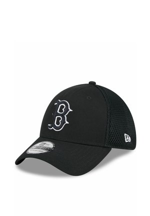 Black baseball cap with white embroidered "B" on front and mesh back panels, curved brim, and New Era logo on side.