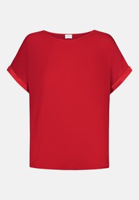 Röd kortärmad topp med en avslappnad passform, tillverkad av ett slätt material. Har uppvikta ärmslut och en rund halsringning, med en enkel och ren design.