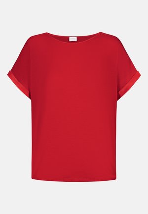Top corto de manga corta en rojo con un corte relajado, hecho de una tela suave. Presenta puños enrollados y un escote redondo, con un diseño simple y limpio.