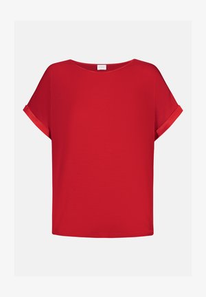 Red short-sleeve top with a relaxed fit, made from smooth fabric. Features rolled cuffs and a round neckline, with a simple, clean design.