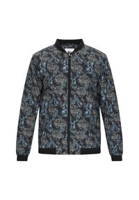 Sort bomberjakke med blå og beige blomstermønster, ribbede manchetter og krave, frontlynlås og elastisk kant.